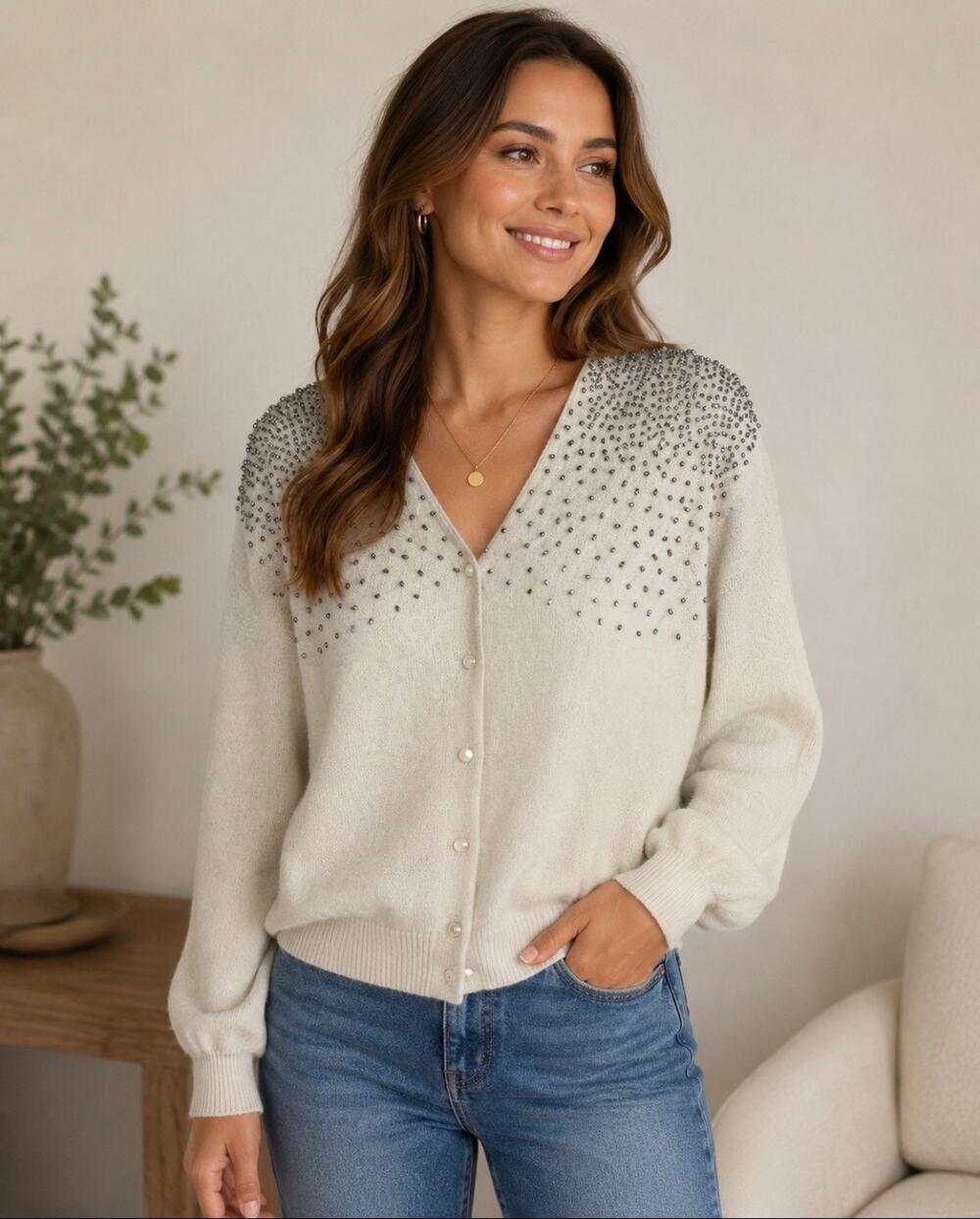 Vintage Adele Joyce Beaded Sweater Cream Grandmacore Wool Blend Women Large